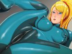  1girl abomayo anus areolae artist_request blonde_hair blue_eyes bodysuit breasts cameltoe censored clitoris erect_nipples eyebrows_visible_through_hair large_breasts legs_up long_hair metroid mole mole_under_mouth nintendo nipples nude open_mouth parted_lips ponytail pussy samus_aran see-through skin_tight solo spread_legs tagme uncensored zero_suit 