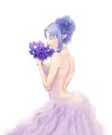  alternate_hairstyle backless_outfit bare_back bare_shoulders blue_eyes blue_hair bouquet braid caster choker commentary crown_braid dress earrings fate/grand_order fate_(series) flower hair_bun hair_up hz_(hae_za) jewelry pink_dress pointy_ears solo strapless strapless_dress 