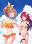  :d :o bad_arm bikini blue_sky bow breasts brown_hair cattleya_(flower_knight_girl) cleavage closed_eyes cloud day facing_viewer flower flower_bracelet flower_knight_girl frilled_bikini frills hair_between_eyes hair_bow hair_flower hair_ornament hibiscus holding_hands jewelry kusumoto_miya large_breasts long_hair looking_at_another medium_breasts multiple_girls navel necklace oncidium_(flower_knight_girl) open_mouth orange_bikini orange_bow outdoors ponytail purple_eyes short_ponytail side-tie_bikini sky smile standing swimsuit thigh_strap thighs underboob white_bikini 