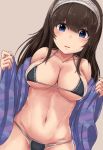  banana_(hirane1988) bikini black_bikini blue_eyes blush breasts brown_hair cleavage commentary dutch_angle hairband idolmaster idolmaster_cinderella_girls large_breasts long_hair looking_at_viewer open_clothes open_robe robe sagisawa_fumika solo string_bikini swimsuit 