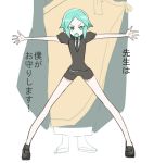  1other androgynous crystal_hair gem_uniform_(houseki_no_kuni) green_hair houseki_no_kuni japanese_clothes kesa kongou_sensei necktie outstretched_arms phosphophyllite short_hair short_sleeves shorts shumiko_(kamenokoueki) translated 