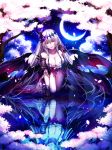  breasts cherry_blossoms cleavage commentary_request crescent_moon dark_jeanne eyebrows_visible_through_hair gloves hair_between_eyes highres jeanne_d'arc_(granblue_fantasy) kneeling_on_water large_breasts leaning_forward long_hair moon red_eyes reflection sayvi shadowverse silver_hair solo very_long_hair water wings 