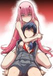  1girl black_hair commentary_request couple darling_in_the_franxx dress green_eyes highres hiro_(darling_in_the_franxx) horns hug long_hair military military_uniform nekoi_hikaru oni_horns open_clothes pink_hair spoilers sweat uniform white_dress zero_two_(darling_in_the_franxx) 