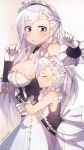  azur_lane belchan_(azur_lane) belfast_(azur_lane) blush braid breasts closed_eyes collar dual_persona eyebrows_visible_through_hair eyes_visible_through_hair gloves highres hug hug_from_behind large_breasts long_hair maid_headdress multiple_girls ponytail purple_eyes silver_hair smile tilt-shift time_paradox twitter_username very_long_hair white_gloves younger 