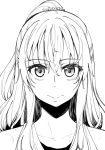  akino_sora closed_mouth copyright_request eyebrows_visible_through_hair eyes greyscale hair_between_eyes hair_ornament hair_scrunchie long_hair looking_at_viewer monochrome ponytail portrait scrunchie simple_background solo white_background 