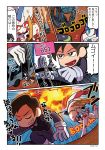  2boys absurdres artist_name black_eyes blue_eyes bodysuit bright_pupils brown_hair character_name chestnut_mouth comic darling_in_the_franxx delphinium_(darling_in_the_franxx) driving explosion highres hiro_(darling_in_the_franxx) mato_(mozu_hayanie) mecha multiple_boys orange_eyes pilot strelizia throwing 