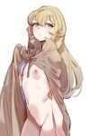  1girl bangs blonde_hair blush bow_(bhp) breasts cloak commentary elf long_hair looking_at_viewer naked_cloak navel nipples original pointy_ears simple_background small_breasts solo white_background yellow_eyes 