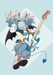  blonde_hair blue_eyes blue_hair blue_pants blush bomber_jacket boots closed_mouth demon_horns demon_tail demon_wings earrings electric_guitar flying full_body guitar highres holding holding_instrument horns instrument jacket jewelry looking_at_viewer multicolored_hair music original pants personification playing_instrument smile tail twintails two-tone_hair westxost_(68monkey) wings yellow_eyes 