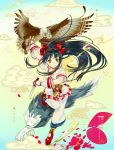  bird black_hair bow brown_eyes closed_mouth commentary_request eagle el-zheng fingerless_gloves floating_hair gloves hair_bow hairband highres holding holding_knife knife long_hair nakoruru pants platform_footwear red_bow red_footwear reverse_grip samurai_spirits shirt shoes short_sleeves smile solo white_pants white_shirt wolf 