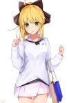  :t absurdres ahoge artist_name artoria_pendragon_(all) bag bangs black_bow black_cola blonde_hair bow candy closed_mouth collarbone commentary cowboy_shot eyebrows_visible_through_hair fate/grand_order fate/stay_night fate/unlimited_codes fate_(series) food food_in_mouth green_eyes hair_between_eyes hair_bow high_ponytail highres lollipop long_hair looking_at_viewer mouth_hold pleated_skirt ponytail saber_lily shirt shopping_bag signature simple_background skirt solo thigh_gap white_background white_shirt white_skirt 