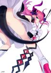  asymmetrical_horns blue_eyes dragon_girl dragon_horns dragon_tail dress elizabeth_bathory_(fate) elizabeth_bathory_(fate)_(all) fate/extra fate/extra_ccc fate/grand_order fate_(series) from_behind hair_ribbon highres holding holding_weapon horns long_hair looking_at_viewer looking_back pink_hair pointy_ears ribbon sarkany_csont_landzsa sidelocks simple_background solo tail weapon white_background yuncho 