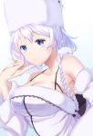  armpits aurora_(azur_lane) azur_lane bangs bare_shoulders blue_eyes blush braid breasts cleavage collarbone commentary darkmiso detached_sleeves dress eyebrows_visible_through_hair finger_to_cheek fur_trim hair_between_eyes hat highres large_breasts long_hair long_sleeves looking_away simple_background smile solo star twin_braids very_long_hair white_dress white_hat 