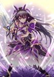  absurdres armor armored_dress black_legwear commentary_request date_a_live detached_collar gauntlets hair_between_eyes hair_ribbon highres holding holding_sword holding_weapon long_hair looking_at_viewer miying_(13975192760) pauldrons purple_eyes purple_hair ribbon ribbon-trimmed_dress serious solo standing sword thighhighs very_long_hair weapon yatogami_tooka 