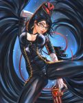  bayonetta bayonetta_(character) black_hair bodysuit breasts cleavage earrings elbow_gloves glasses gloves gun holding holding_gun holding_weapon jewelry long_hair looking_at_viewer mole mole_under_mouth solo taiss14 very_long_hair weapon 