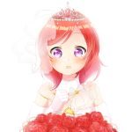  blurry blush bouquet brooch clenched_hand commentary_request depth_of_field flower fur_collar gem glint gloves hand_on_own_chest jewelry looking_at_viewer love_live! love_live!_school_idol_project medium_hair nishikino_maki pimi_(ringsea21) purple_eyes red_flower red_hair red_rose rose ruby_(stone) simple_background solo tiara upper_body veil white_background white_gloves 