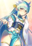  blush clothes_lift commentary_request eyebrows_visible_through_hair fate/grand_order fate_(series) green_hair hand_on_own_cheek heart heart-shaped_pupils highres horns japanese_clothes kiyohime_(fate/grand_order) lifted_by_self long_hair looking_at_viewer minamo25 smile solo symbol-shaped_pupils thighhighs twitter_username white_legwear yellow_eyes 
