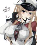 10s 1girl :o =3 bangs black_gloves blonde_hair blue_eyes blush breasts capelet chromatic_aberration gloves graf_zeppelin_(kantai_collection) hair_between_eyes hard_translated hat kantai_collection large_breasts long_hair long_sleeves military military_uniform open_mouth peaked_cap simple_background solo sunko text translated twintails uniform upper_body white_background 
