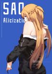  artist_name asuna_(sao) black_sweater blonde_hair blue_background breasts brown_eyes character_name copyright_name highres holding holding_hair long_hair looking_at_viewer looking_back medium_breasts sideboob solo sweater sword_art_online upper_body very_long_hair zhayin-san 