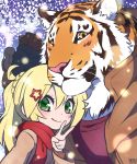  2017 5_fingers anthro big_eyes black_fur black_stripes blonde_hair blue_clothing blue_topwear blush brown_clothing brown_mane brown_topwear clothed clothing digital_media_(artwork) duo_focus feline female foreshortening fur gesture giraffe_(artist) green_eyes group hair hi_res human jacket lam-chan larger_anthro larger_male light_skin lion lion-san long_hair looking_at_viewer male mammal mane multicolored_fur orange_fur pink_nose poniko red_clothing red_shirt red_topwear scarf selfie shirt signature size_difference smaller_female smaller_human smile snow snowing striped_fur stripes tiger tree v_sign whiskers white_fur winter yellow_eyes 