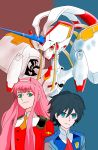  1girl black_hair blue_eyes commentary_request couple darling_in_the_franxx finalfantasy191 green_eyes hairband highres hiro_(darling_in_the_franxx) horns long_hair looking_at_viewer military military_uniform necktie oni_horns orange_neckwear pink_hair red_neckwear strelizia uniform white_hairband zero_two_(darling_in_the_franxx) 