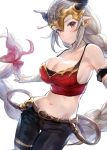  aliza_(granblue_fantasy) arm_wrap armpits bare_shoulders belt blush braid breasts cleavage collarbone commentary_request draph granblue_fantasy hair_pulled_back headpiece highres hips horns large_breasts long_hair looking_at_viewer midriff navel pointy_ears red_eyes silver_hair simple_background smile solo takeashiro white_background 