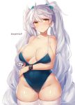  alternate_hairstyle blush breasts jitome kantai_collection large_breasts long_hair one-piece_swimsuit silver_hair simple_background skindentation solo swimsuit thighhighs twintails unryuu_(kantai_collection) white_background yamaarashi yellow_eyes 
