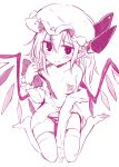  bandaid bandaids_on_nipples bare_shoulders blush bow collarbone commentary_request eyebrows_visible_through_hair fang fang_out flandre_scarlet hair_between_eyes hat hat_bow head_tilt highres holding holding_ribbon long_sleeves looking_at_viewer maturiuta_sorato mob_cap monochrome no_shoes off_shoulder pasties pointy_ears ribbon shirt short_hair side_ponytail simple_background sitting solo thighhighs touhou wariza white_background wings 
