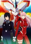  1girl black_hair blue_eyes breasts commentary couple darling_in_the_franxx eyebrows_visible_through_hair gloves green_eyes hairband highres hiro_(darling_in_the_franxx) holding_hands horns large_breasts long_hair looking_at_viewer oni_horns pilot_suit pink_hair red_gloves signature souqran strelizia white_gloves white_hairband zero_two_(darling_in_the_franxx) 