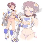 andrea_cofrancesco ass ass_visible_through_thighs blue_eyes blush_stickers boots breasts brown_hair cleavage closed_mouth headgear holding holding_shield holding_sword holding_weapon looking_at_viewer medium_breasts multiple_views one_eye_closed original panties pink_panties shield short_hair signature standing striped striped_panties sword underwear weapon white_background 