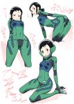  amakasu_hisone black_hair blush bodysuit brown_eyes commentary covered_navel covering covering_ass embarrassed helmet highres hisone_to_masotan multiple_views pilot_suit shikishima_gangu short_ponytail sitting wariza white_background 