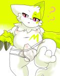  2014 ? anthro balls briefs claws clothed clothing fur geiru_mirua looking_at_viewer male navel nintendo nipples open_mouth penis pink_eyes pok&eacute;mon pok&eacute;mon_(species) simple_background slightly_chubby solo tighty_whities topless underwear video_games white_fur yellow_background yellow_fur zangoose 