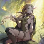 backlighting blonde_hair boots bug butterfly covered_navel covered_nipples elf green_eyes green_hair highres insect lips long_hair looking_to_the_side loped no_bra original pointy_ears sitting skindentation solo thighhighs tree tree_branch vambraces wind 