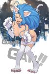  1girl animal_ears big_hair blue_eyes blue_hair breasts cat_ears cat_girl cat_paws cat_tail felicia highres long_hair oda_non paws solo tail vampire_(game) 