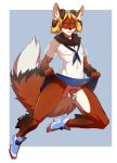  anthro blonde_hair blue_eyes blush canine caprine chastity chastity_cage cheerleader clothed clothing clothing_lift crossdressing embarrassed footwear fox fur girly hair high_heels horn indigochto male mammal orange_fur pigtails raiko_amani shoes skirt skirt_lift uniform 