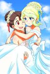  a50926123 absurdres blonde_hair blue_eyes bridal_veil brown_hair carrying commentary_request diana_cavendish dress flower hair_flower hair_ornament highres kagari_atsuko little_witch_academia multiple_girls princess_carry red_eyes veil wedding_dress wife_and_wife yuri 