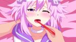  blush brushing_another's_teeth brushing_teeth d-pad hair_ornament long_hair looking_at_viewer monogatari_(series) neptune_(choujigen_game_neptune) neptune_(series) one_eye_closed open_mouth out_of_frame pov pov_hands purple_eyes purple_hair short_hair showers-u solo_focus toothbrush 