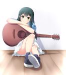  absurdres agung_syaeful_anwar arm_rest bangs blue_footwear blue_shirt blush body_blush closed_mouth commentary convenient_leg eyebrows_visible_through_hair green_eyes green_hair guitar hair_between_eyes head_tilt highres instrument kanzaki_elsa long_hair on_floor puffy_short_sleeves puffy_sleeves shirt shoes short_sleeves sitting skirt smile solo spoilers sword_art_online sword_art_online_alternative:_gun_gale_online very_long_hair white_skirt wooden_floor 