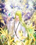  bird bird_on_hand closed_mouth colorful commentary_request enkidu_(fate/strange_fake) fate/grand_order fate_(series) flower green_hair hand_up highres long_hair long_sleeves male_focus md5_mismatch nature shutsuri smile solo standing very_long_hair white_robe wide_sleeves yellow_eyes 