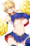  ahoge artoria_pendragon_(all) artoria_pendragon_(lancer) bangs blue_legwear blue_skirt blush braid breasts cheer_for_master cheerleader choker commentary_request crop_top crop_top_overhang detached_sleeves eyebrows_visible_through_hair fate/grand_order fate_(series) french_braid green_eyes hair_between_eyes hips horosuke_(toot08) huge_breasts long_hair looking_at_viewer midriff miniskirt navel parted_lips pleated_skirt pom_poms sidelocks simple_background skirt sleeveless smile solo thighs underboob white_background 