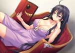  ahoge bare_shoulders black_hair book breasts cane chin_rest cleavage commentary_request dronia dutch_angle hair_between_eyes holding holding_book large_breasts long_hair miyai_sen nightgown purple_eyes purple_nightgown reading refrain_no_chika_meikyuu_to_majo_no_ryodan sitting very_long_hair youro_rekitei 