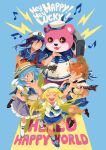  :3 \o/ anchor_symbol animal_costume antenna_hair arms_up bad_id bad_tumblr_id bang_dream! bangs bass_guitar bear_costume black_footwear blonde_hair blue_background blue_footwear blue_hair blue_neckwear blue_ribbon blue_shirt blue_shorts blue_skirt boombox boots bow bracelet closed_eyes commentary_request double-breasted drum drumsticks electric_guitar english grin group_name guitar hat hat_bow hat_ribbon hello_happy_world! holding holding_instrument instrument jewelry kitazawa_hagumi knee_boots kneehighs lightning_bolt looking_at_another loveariddle mascot_costume matsubara_kanon multiple_girls musical_note neckerchief nervous okusawa_misaki one_side_up open_mouth orange_eyes orange_hair outstretched_arms peaked_cap ponytail purple_eyes purple_hair ribbon sailor_hat school_uniform serafuku seta_kaoru shirt shoes short_hair short_sleeves shorts simple_background skirt smile sparkling_eyes standing straw_hat striped striped_bow striped_ribbon tsurumaki_kokoro white_footwear white_legwear white_shirt 