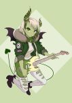  bangs blunt_bangs boots closed_mouth cross cross_earrings demon_girl demon_horns demon_tail demon_wings diagonal_bangs earrings electric_guitar flying full_body fur_trim green_background green_eyes grey_hair guitar high_heel_boots high_heels highres holding holding_instrument horns instrument jacket jewelry looking_at_viewer original pants personification shirt solo tail torn_clothes torn_pants westxost_(68monkey) wings 