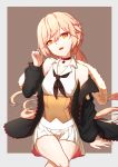  arm_support bangs bare_shoulders black_gloves black_neckwear blonde_hair braid breasts choker cleavage closed_mouth collarbone commentary corset crossed_legs eyebrows_visible_through_hair fur-trimmed_jacket fur_trim girls_frontline gloves hair_between_eyes head_tilt highres jacket long_hair looking_at_viewer off_shoulder open_mouth ots-14_(girls_frontline) panix2383 pleated_skirt sidelocks skirt solo star very_long_hair yellow_eyes 