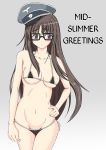  1girl artist_request bikini black_hair blue_eyes glasses gretel_jeckeln grey_background hand_on_hip hard_translated hat long_hair micro_bikini muvluv navel nazi peaked_cap schwarzesmarken shochuumimai solo swimsuit translated 