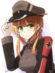  anchor blonde_hair blush eyebrows_visible_through_hair gloves green_eyes hat kantai_collection long_hair long_sleeves low_twintails mashayuki military military_hat military_uniform open_mouth peaked_cap prinz_eugen_(kantai_collection) solo twintails twitter_username uniform white_gloves 