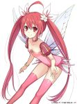  ahoge bracelet breasts choker cleavage collarbone date_a_live eyebrows_visible_through_hair fairy flower hair_between_eyes hair_flower hair_ornament hair_ribbon itsuka_kotori jewelry konoe_(fogtracks) leotard long_hair looking_at_viewer pink_legwear pink_leotard red_eyes red_hair ribbon short_sleeves simple_background small_breasts smile solo thighhighs twintails very_long_hair white_background white_flower white_ribbon wings 