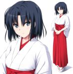  black_hair blue_eyes blush closed_mouth commentary_request eyebrows_visible_through_hair fate/grand_order fate_(series) full_body hakama highres japanese_clothes kara_no_kyoukai kimono long_sleeves looking_at_viewer miko nori_tamago own_hands_together red_hakama ryougi_shiki sandals shadow short_hair simple_background socks solo standing upper_body white_background white_footwear white_kimono white_legwear wide_sleeves zoom_layer 