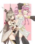  animal_ears ass bangs bare_shoulders blunt_bangs blush braid breasts cat_ears crossover extra_ears fire_emblem fire_emblem:_kakusei fire_emblem_heroes gloves hairband highres j@ck jewelry long_hair looking_at_viewer midriff multiple_girls navel niyah olivia_(fire_emblem) open_mouth pink_hair ponytail silver_hair simple_background smile spoilers twin_braids xenoblade_(series) xenoblade_2 yellow_eyes 