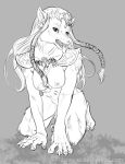 2017 anthro armor breasts canine claws ear_piercing female grey_background hair kneeling long_hair looking_at_viewer lylas mammal monochrome mostly_nude multi_nipple nintendo nipples piercing princess_zelda simple_background solo the_legend_of_zelda tongue tongue_out transformation video_games wolf 