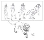  2014 breasts butt canine claws clothing female feral footwear hair human human_to_feral long_hair looking_at_viewer lylas mammal monochrome open_mouth pants sequence shirt shoes simple_background solo standing tail_growth torn_clothing transformation were werewolf white_background wolf 